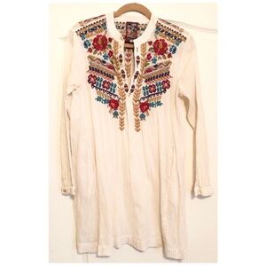 Johnny Was 3J Workshop Boho Embroidered Long Line Crepe Tunic Top